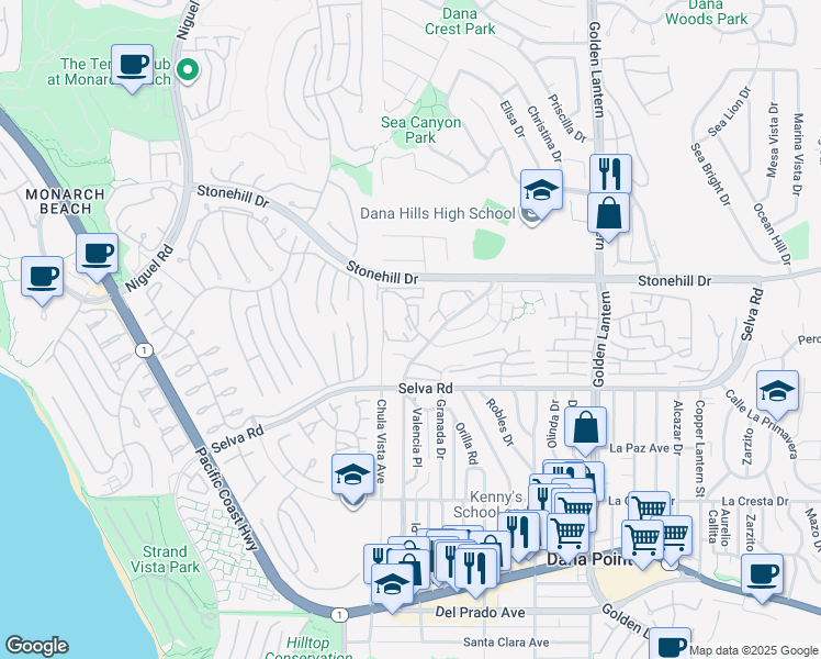 map of restaurants, bars, coffee shops, grocery stores, and more near 33586 Circula Corona in Dana Point