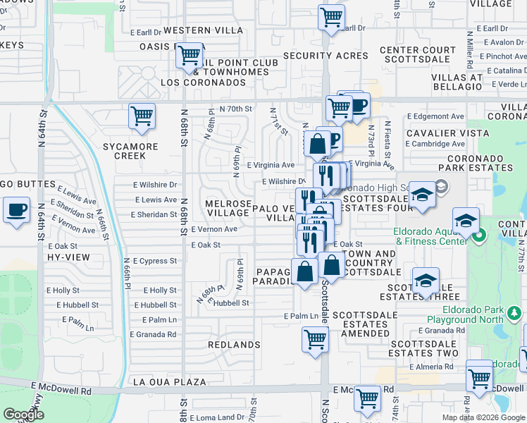 map of restaurants, bars, coffee shops, grocery stores, and more near 7008 East Vernon Avenue in Scottsdale