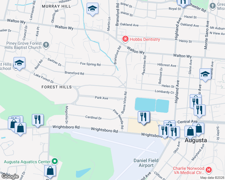 map of restaurants, bars, coffee shops, grocery stores, and more near 3007 Park Avenue in Augusta