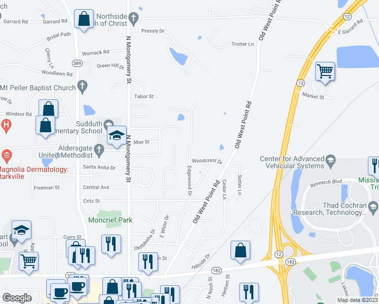 map of restaurants, bars, coffee shops, grocery stores, and more near 202 Edgewood Drive in Starkville