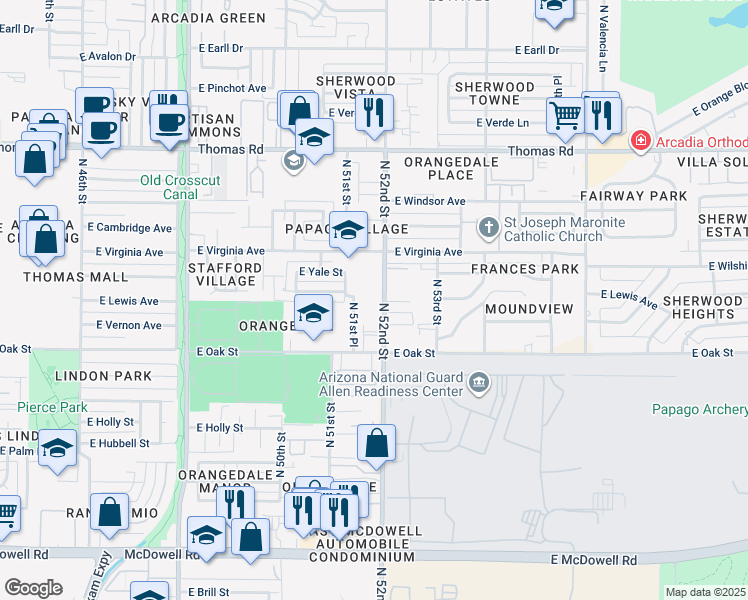 map of restaurants, bars, coffee shops, grocery stores, and more near 2329 North 51st Place in Phoenix