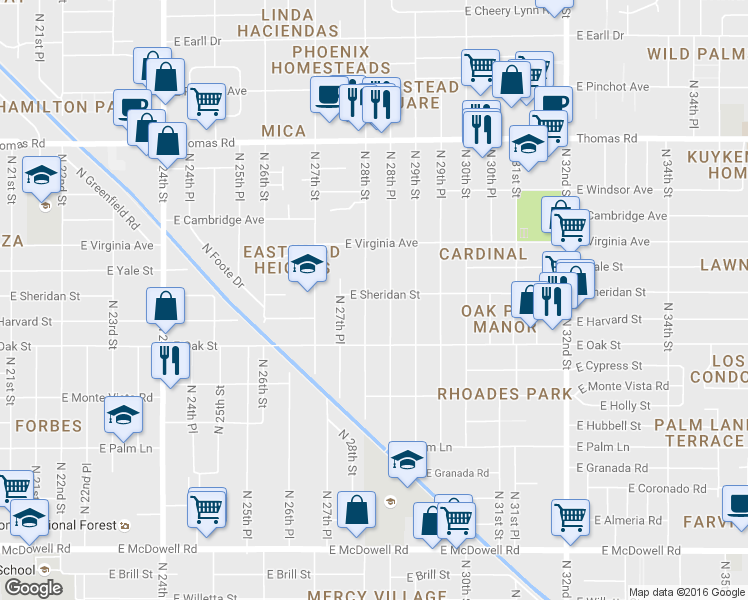 map of restaurants, bars, coffee shops, grocery stores, and more near 2335 North 28th Street in Phoenix