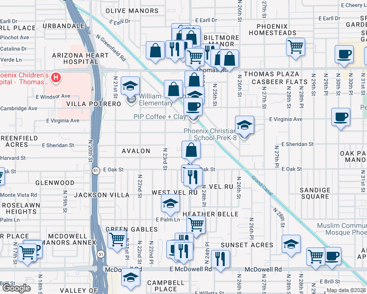 map of restaurants, bars, coffee shops, grocery stores, and more near 2402 North 24th Street in Phoenix