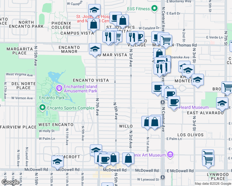 map of restaurants, bars, coffee shops, grocery stores, and more near 341 West Vernon Avenue in Phoenix