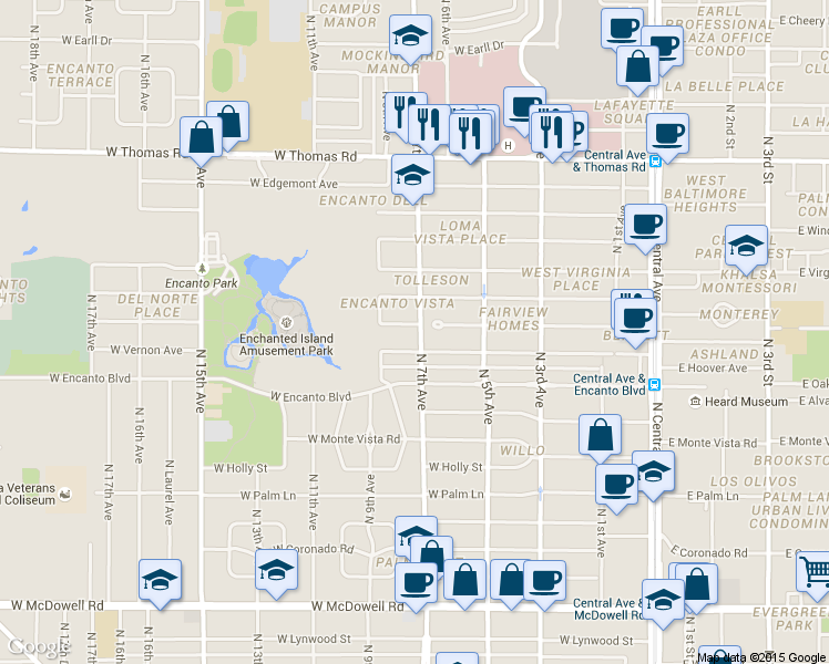 map of restaurants, bars, coffee shops, grocery stores, and more near 701 West Vernon Avenue in Phoenix
