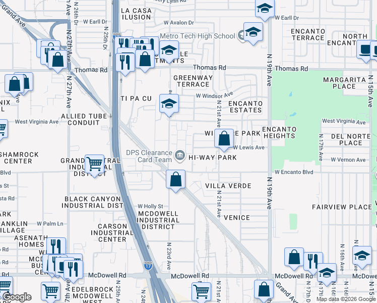 map of restaurants, bars, coffee shops, grocery stores, and more near 2222 West Encanto Boulevard in Phoenix