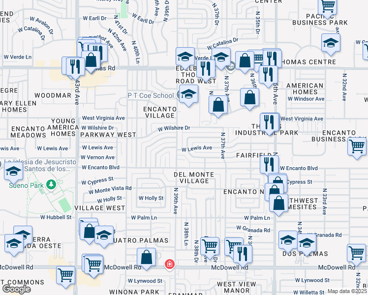map of restaurants, bars, coffee shops, grocery stores, and more near 2325 North 39th Avenue in Phoenix