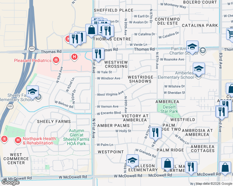 map of restaurants, bars, coffee shops, grocery stores, and more near 8932 West Sheridan Street in Phoenix