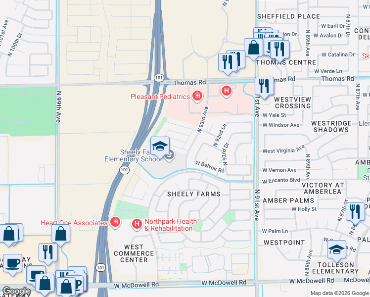 map of restaurants, bars, coffee shops, grocery stores, and more near 9305 West Sheridan Street in Phoenix