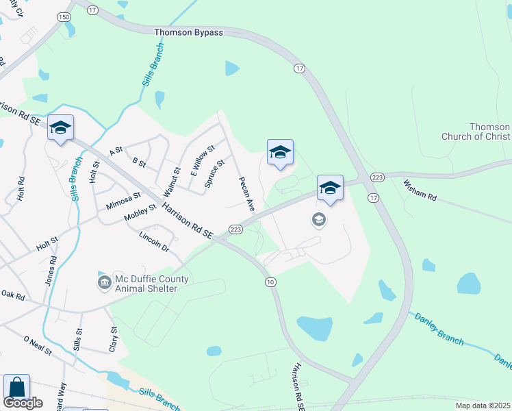 map of restaurants, bars, coffee shops, grocery stores, and more near 1061 White Oak Road in Thomson