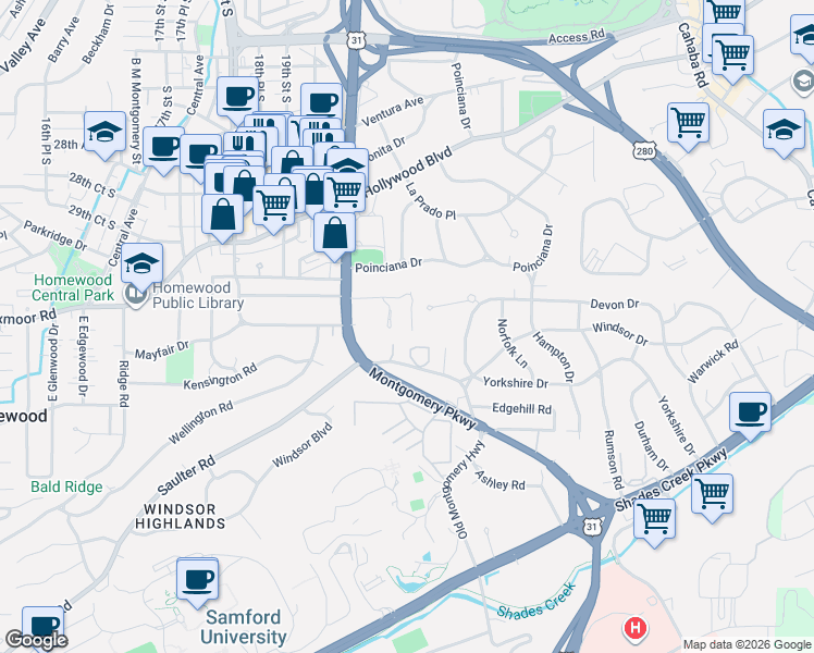 map of restaurants, bars, coffee shops, grocery stores, and more near 1109 Hollywood Manor Circle in Homewood