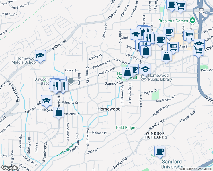 map of restaurants, bars, coffee shops, grocery stores, and more near 1606 Grove Place in Birmingham