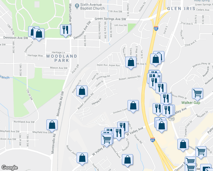 map of restaurants, bars, coffee shops, grocery stores, and more near 414 Skyview Drive in Birmingham