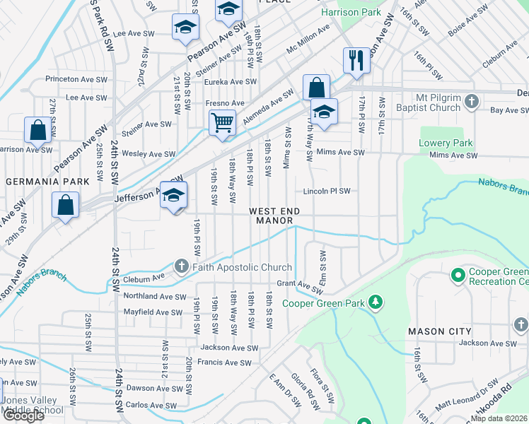 map of restaurants, bars, coffee shops, grocery stores, and more near 1413 18th Street Southwest in Birmingham