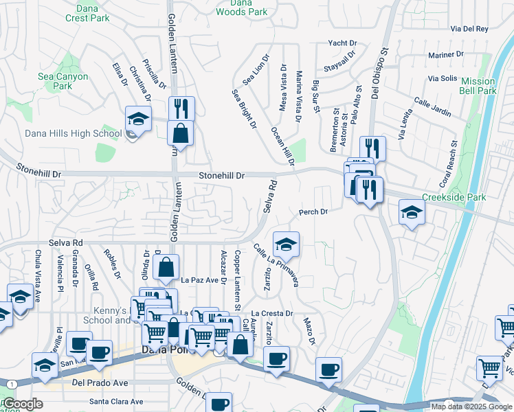 map of restaurants, bars, coffee shops, grocery stores, and more near 33591 Diamond Ridge Court in Dana Point