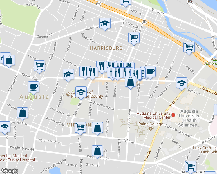 map of restaurants, bars, coffee shops, grocery stores, and more near 916 Holden Street in Augusta