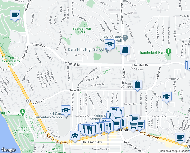 map of restaurants, bars, coffee shops, grocery stores, and more near 24481 Alta Vista Drive in Dana Point