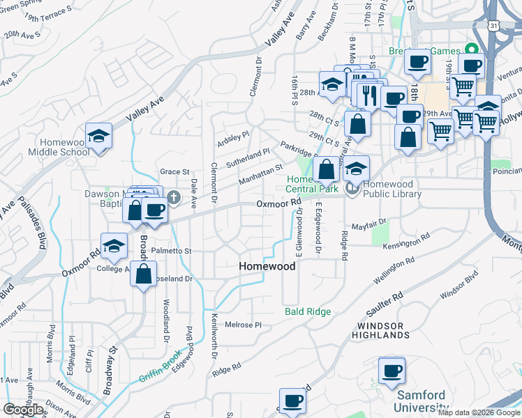 map of restaurants, bars, coffee shops, grocery stores, and more near 1606 Grove Place in Birmingham