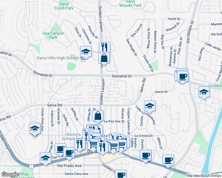 map of restaurants, bars, coffee shops, grocery stores, and more near 33616 Rising Tide Court in Dana Point