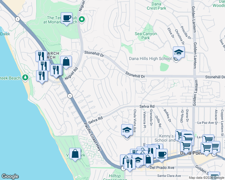 map of restaurants, bars, coffee shops, grocery stores, and more near 33665 Halyard Drive in Dana Point