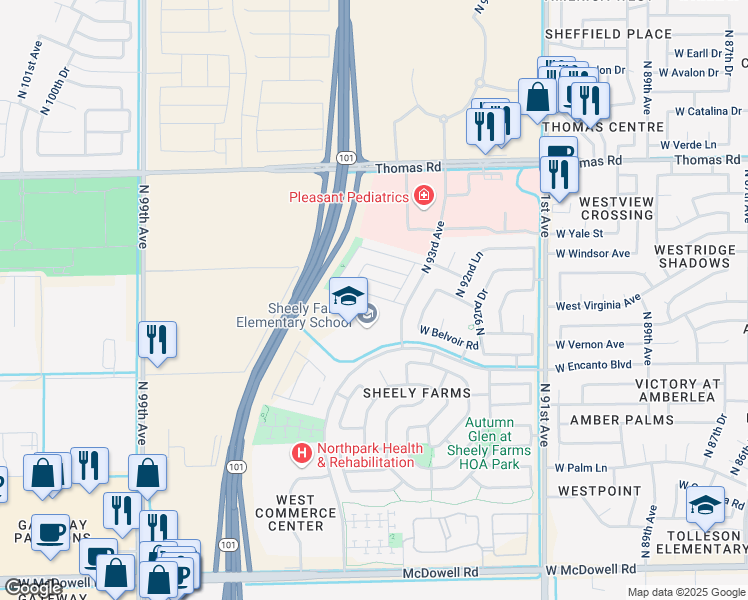 map of restaurants, bars, coffee shops, grocery stores, and more near 9427 West Sheridan Street in Phoenix