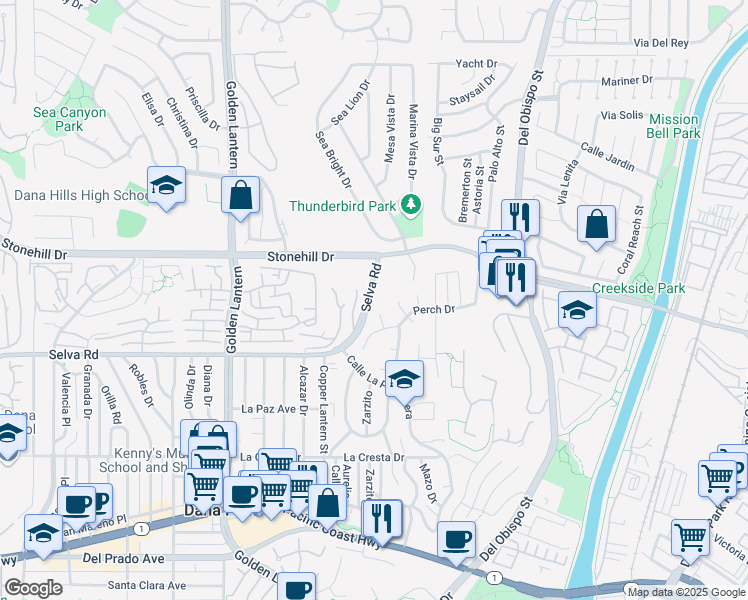 map of restaurants, bars, coffee shops, grocery stores, and more near 33621 Via Martos in Dana Point