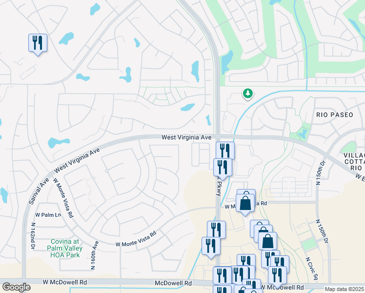 map of restaurants, bars, coffee shops, grocery stores, and more near 2415 North 156th Drive in Goodyear