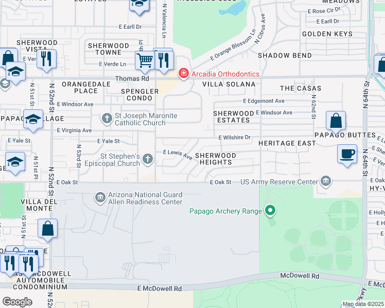 map of restaurants, bars, coffee shops, grocery stores, and more near 5653 East Wilshire Drive in Scottsdale