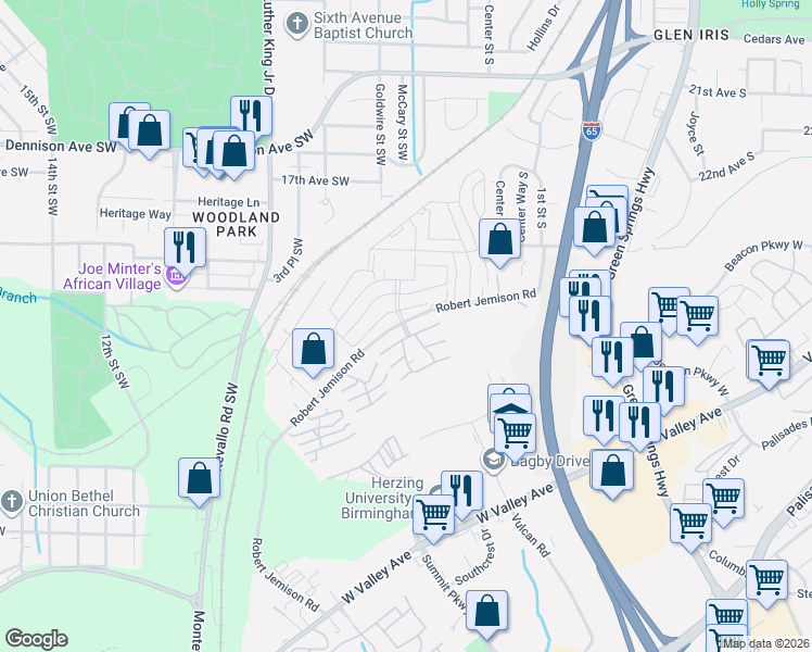 map of restaurants, bars, coffee shops, grocery stores, and more near 408 Skyview Drive in Birmingham