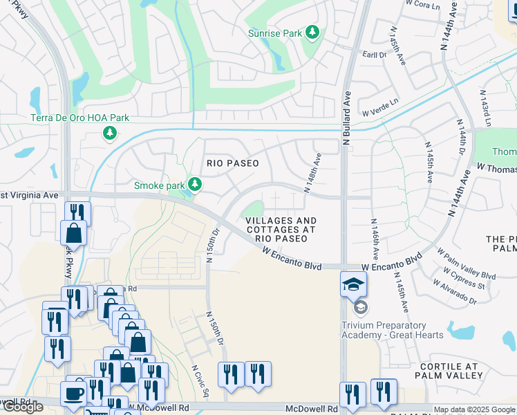 map of restaurants, bars, coffee shops, grocery stores, and more near 2504 North 149th Lane in Goodyear