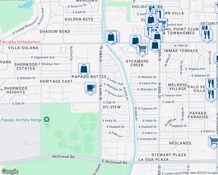 map of restaurants, bars, coffee shops, grocery stores, and more near 6437 East Lewis Avenue in Scottsdale