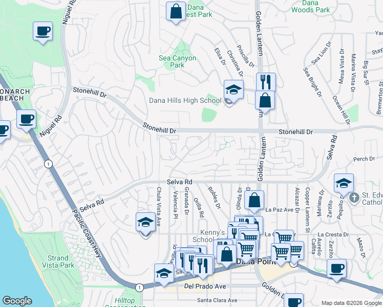 map of restaurants, bars, coffee shops, grocery stores, and more near 33602 Street of the Blue Lantern in Dana Point