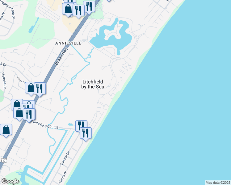 map of restaurants, bars, coffee shops, grocery stores, and more near 195 South Dunes Drive in Pawleys Island
