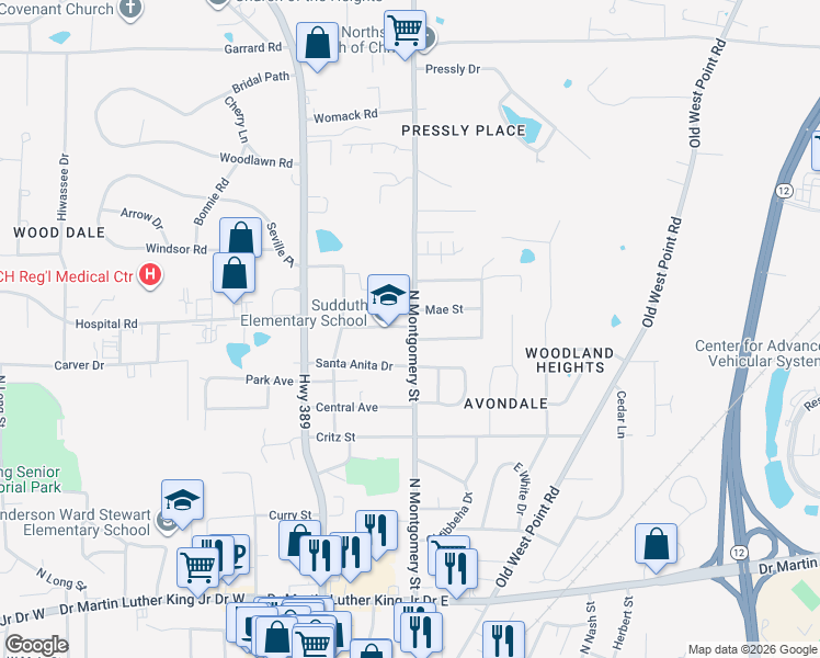 map of restaurants, bars, coffee shops, grocery stores, and more near 705 North Montgomery Street in Starkville