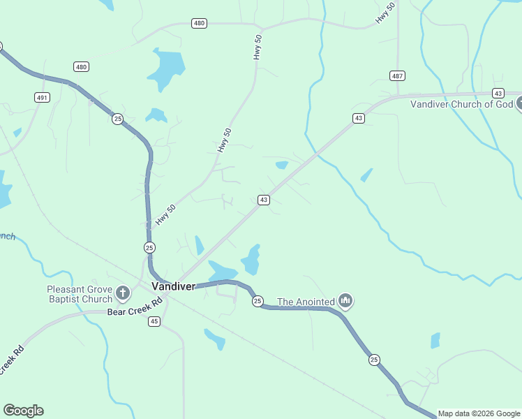 map of restaurants, bars, coffee shops, grocery stores, and more near 12400 County Road 43 in Vandiver