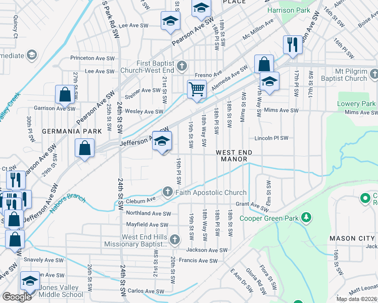 map of restaurants, bars, coffee shops, grocery stores, and more near 1305 19th Street Southwest in Birmingham