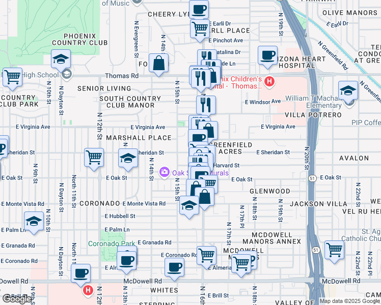 map of restaurants, bars, coffee shops, grocery stores, and more near East Sheridan Street in Phoenix