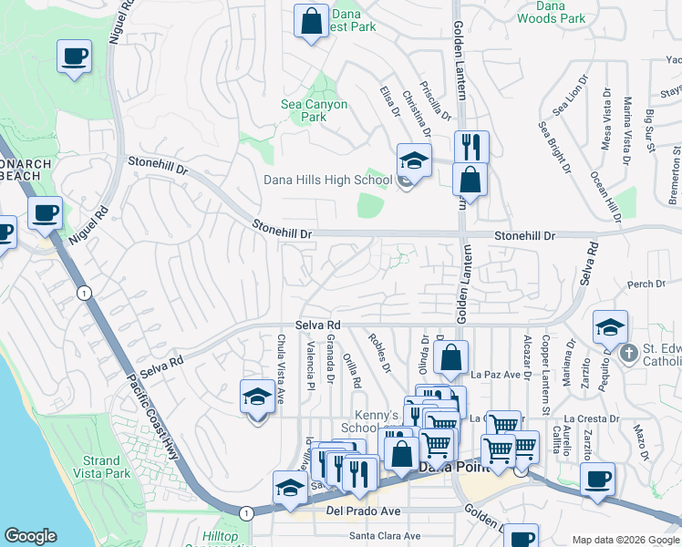 map of restaurants, bars, coffee shops, grocery stores, and more near 33602 Street of the Blue Lantern in Dana Point