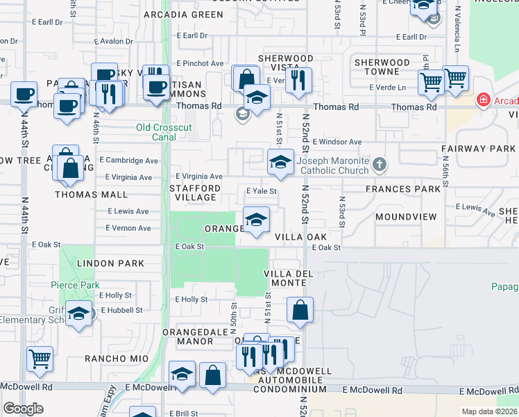 map of restaurants, bars, coffee shops, grocery stores, and more near 5033 East Yale Street in Phoenix