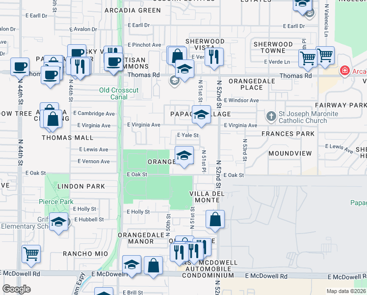 map of restaurants, bars, coffee shops, grocery stores, and more near 5033 East Yale Street in Phoenix