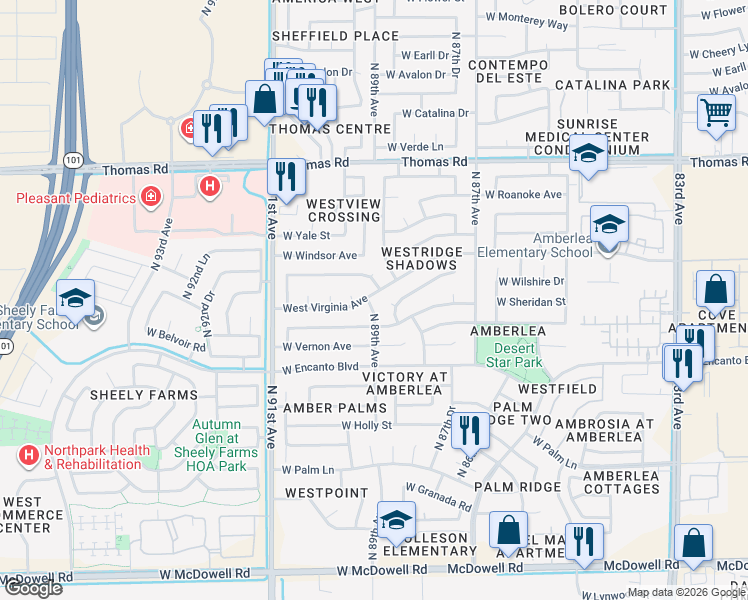 map of restaurants, bars, coffee shops, grocery stores, and more near 2530 North 89th Avenue in Phoenix