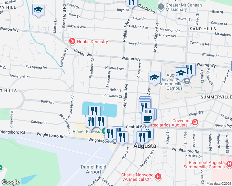 map of restaurants, bars, coffee shops, grocery stores, and more near 2811 Helen Street in Augusta