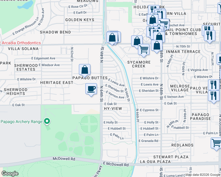 map of restaurants, bars, coffee shops, grocery stores, and more near 6437 East Lewis Avenue in Scottsdale