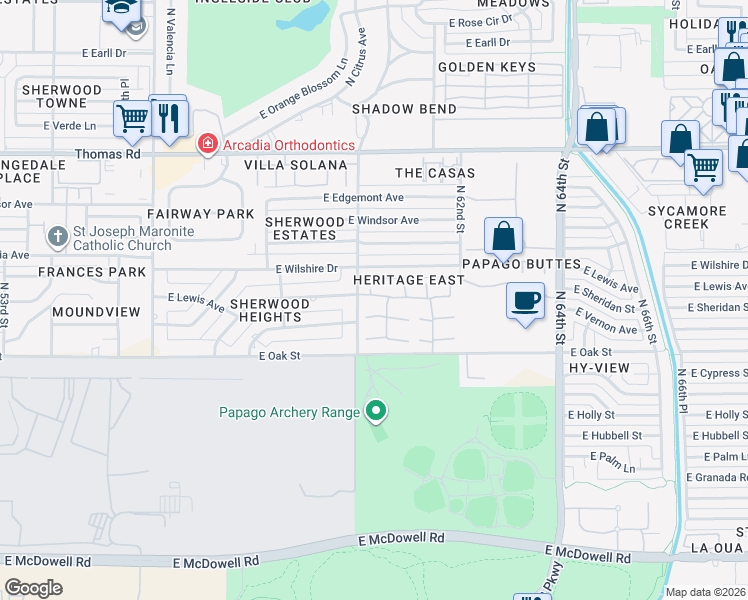 map of restaurants, bars, coffee shops, grocery stores, and more near 6025 East Wilshire Drive in Scottsdale