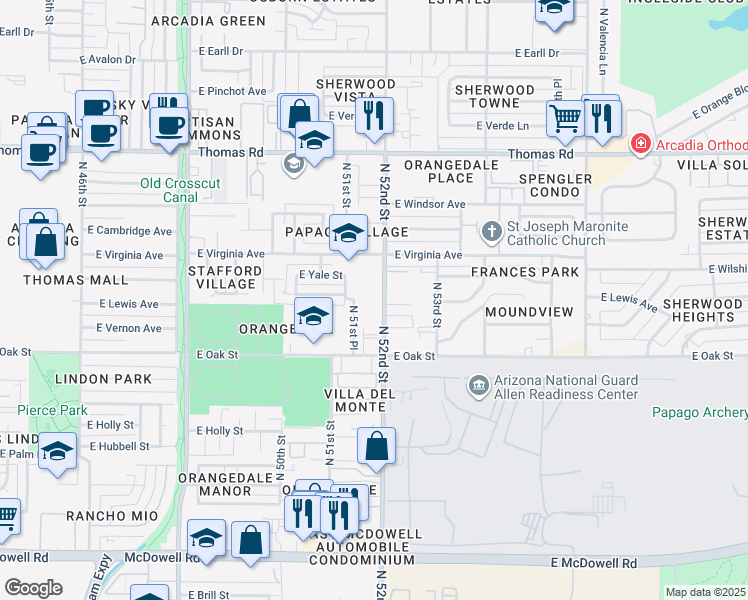 map of restaurants, bars, coffee shops, grocery stores, and more near 5131 East Virginia Avenue in Phoenix