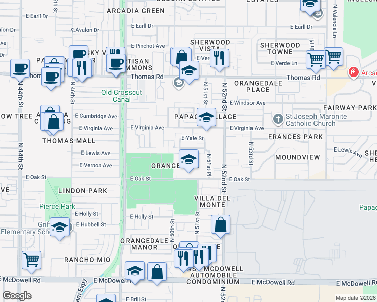 map of restaurants, bars, coffee shops, grocery stores, and more near 5033 East Yale Street in Phoenix