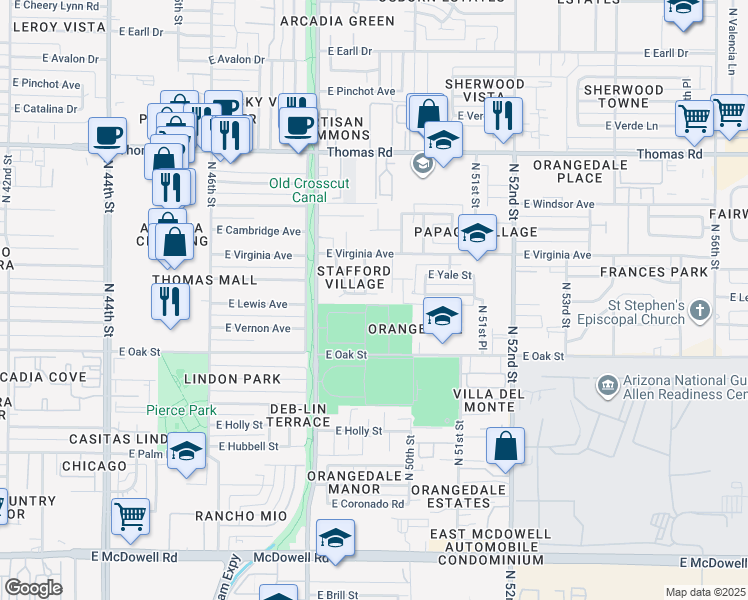 map of restaurants, bars, coffee shops, grocery stores, and more near 2530 North 49th Place in Phoenix