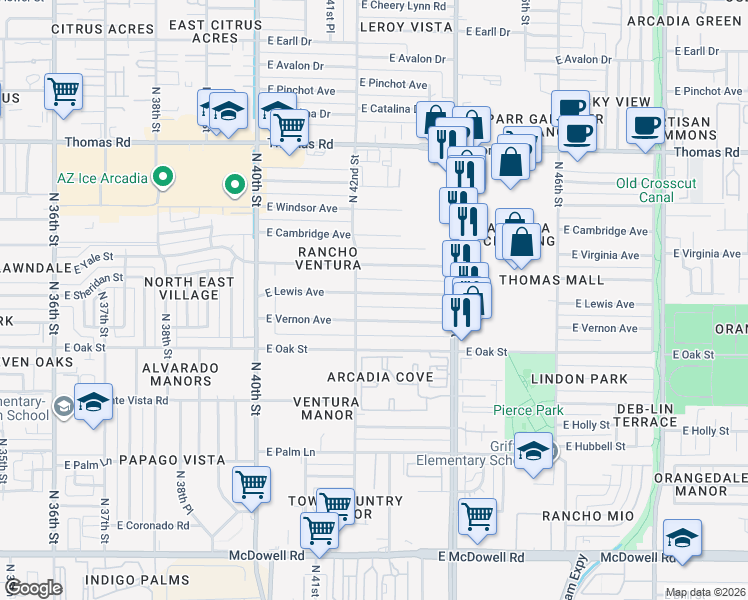 map of restaurants, bars, coffee shops, grocery stores, and more near 4234 East Lewis Avenue in Phoenix