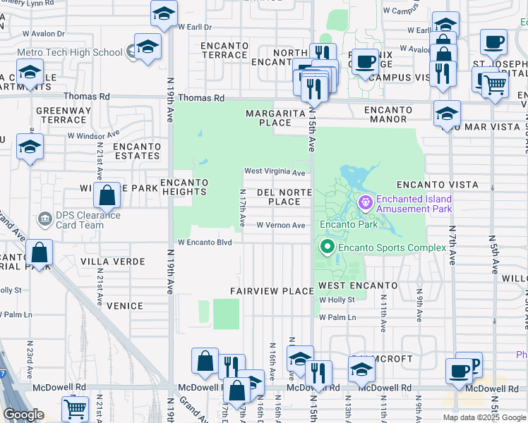 map of restaurants, bars, coffee shops, grocery stores, and more near 1630 West Lewis Avenue in Phoenix