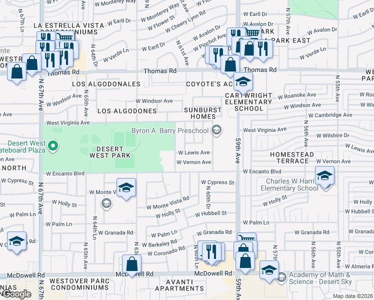 map of restaurants, bars, coffee shops, grocery stores, and more near 2526 North 61st Avenue in Phoenix